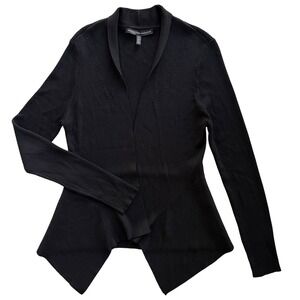 White House Black Market Med Black Open Front Ribbed Knit Draped Peplum Cardigan